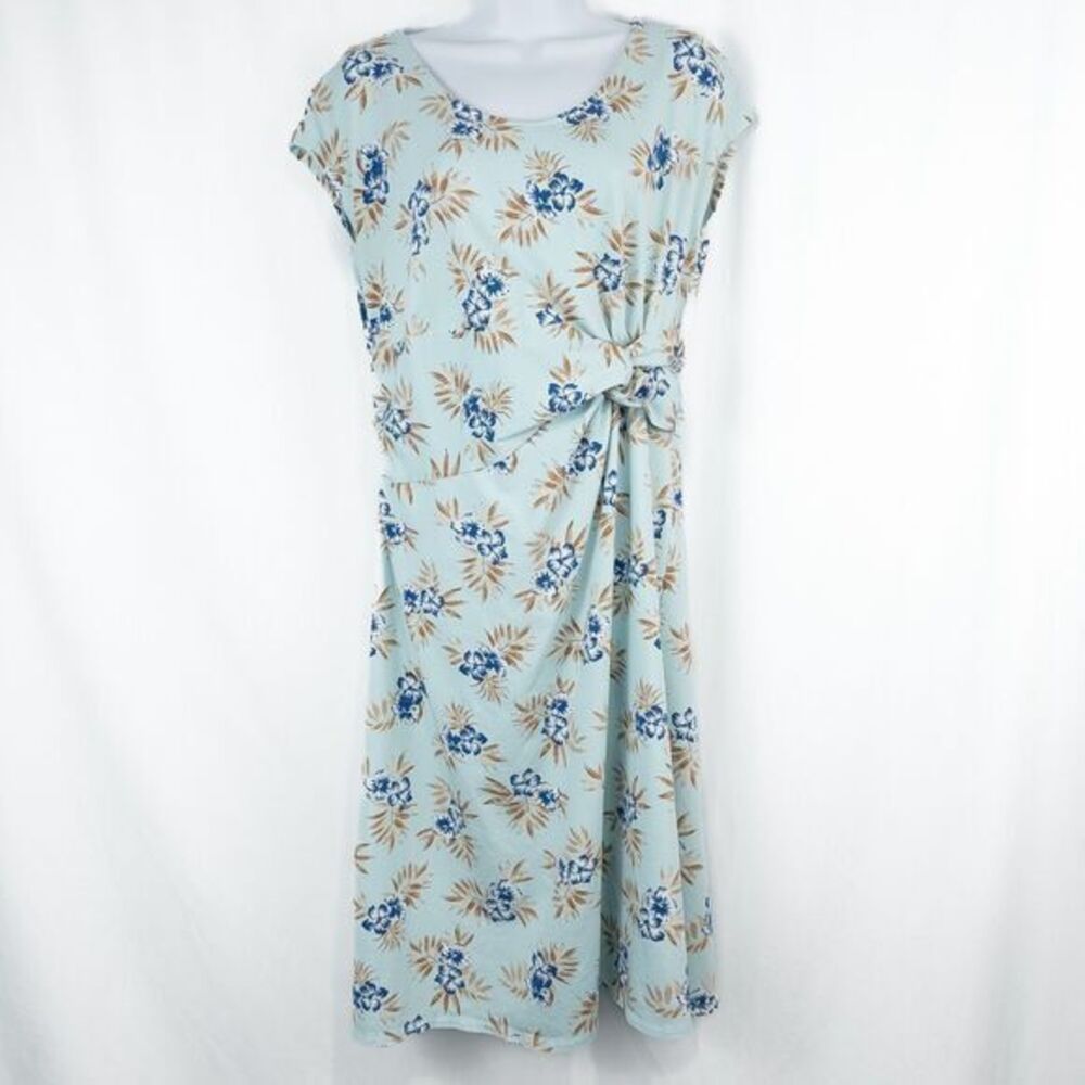 Lands End Cap Sleeve Twist‎ Front Flare Dress Womens Medium Floral Aqua Blue